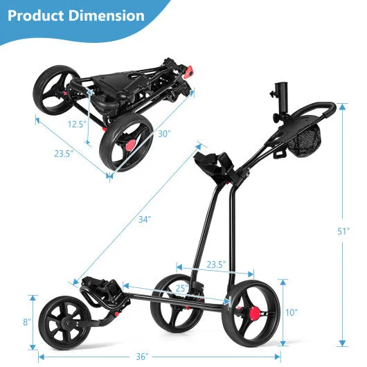 3 Wheel Durable Foldable Steel Golf Cart with Mesh Bag