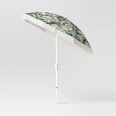 6.5'x6.5' Outdoor Patio Beach Umbrella with Boho Fringe Tropical Green - Threshold