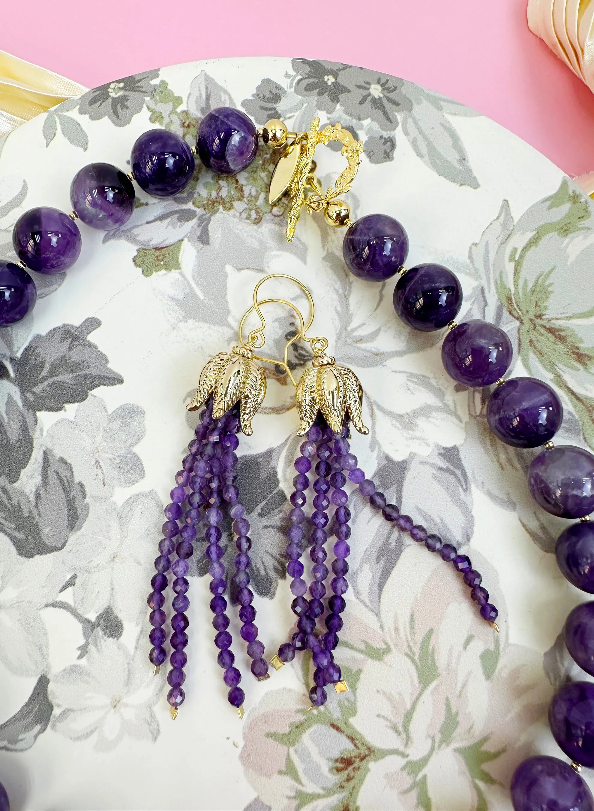 Amethyst Beaded Tassel Earrings JE028