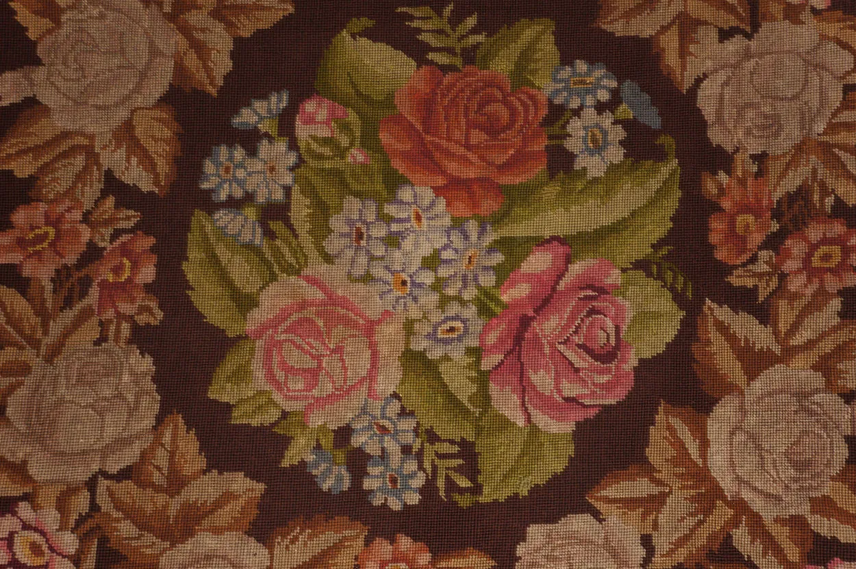 Antique Needlepoint Tablecloth or Table Cover Fringed Rose Flower Pattern 46”