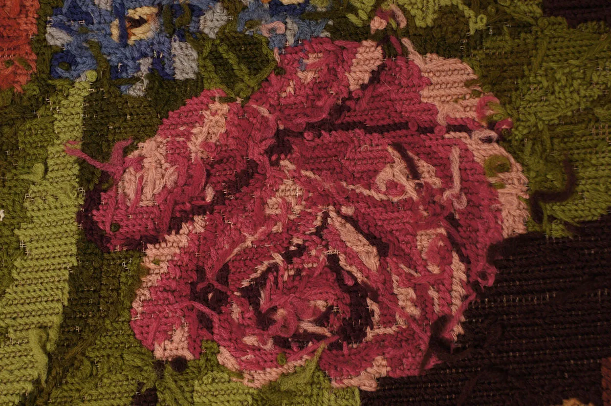 Antique Needlepoint Tablecloth or Table Cover Fringed Rose Flower Pattern 46”