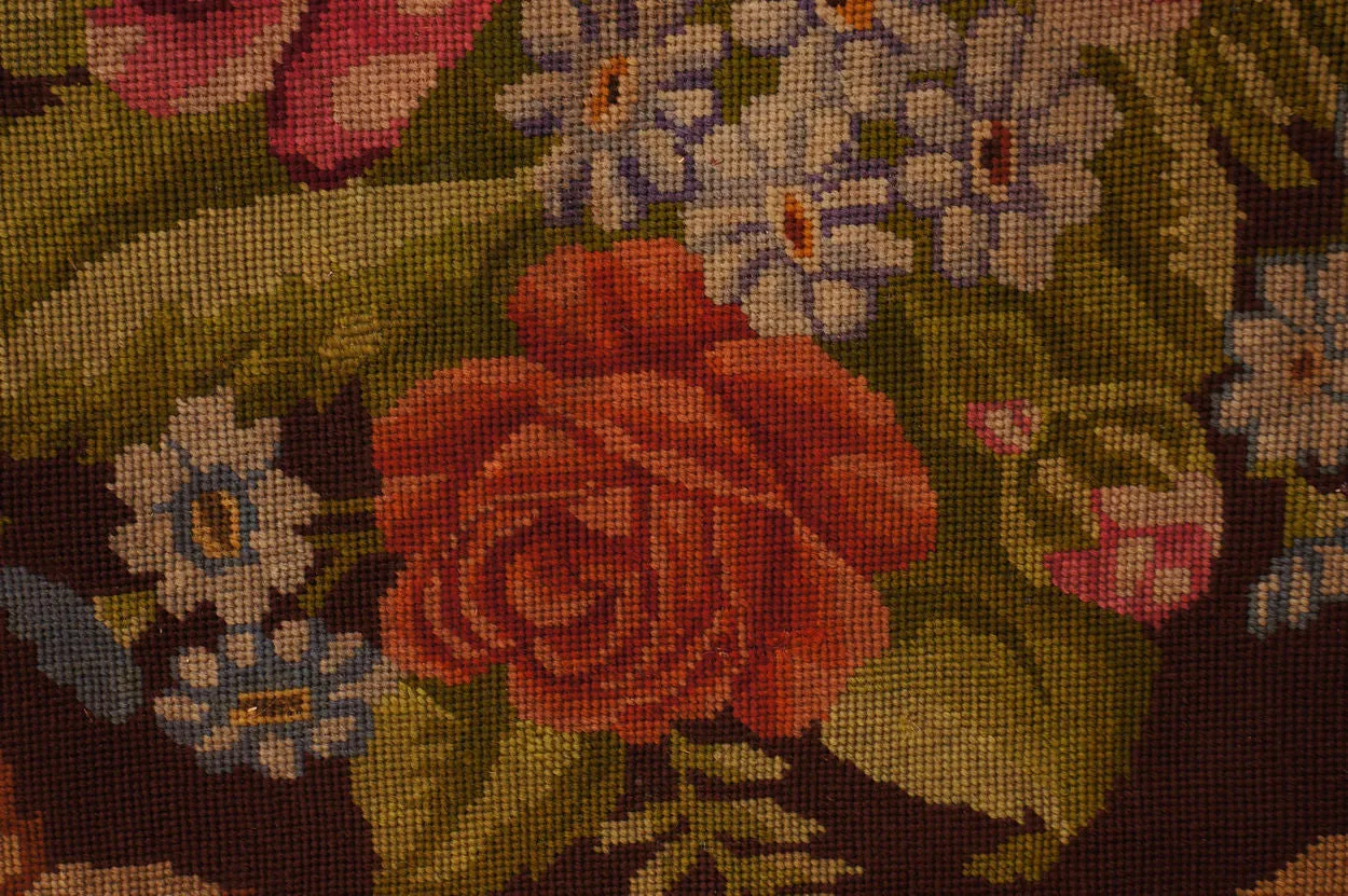 Antique Needlepoint Tablecloth or Table Cover Fringed Rose Flower Pattern 46”