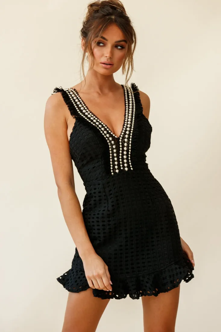 Argyle Bead & Fringe Trim Ruffle Hem Dress Black