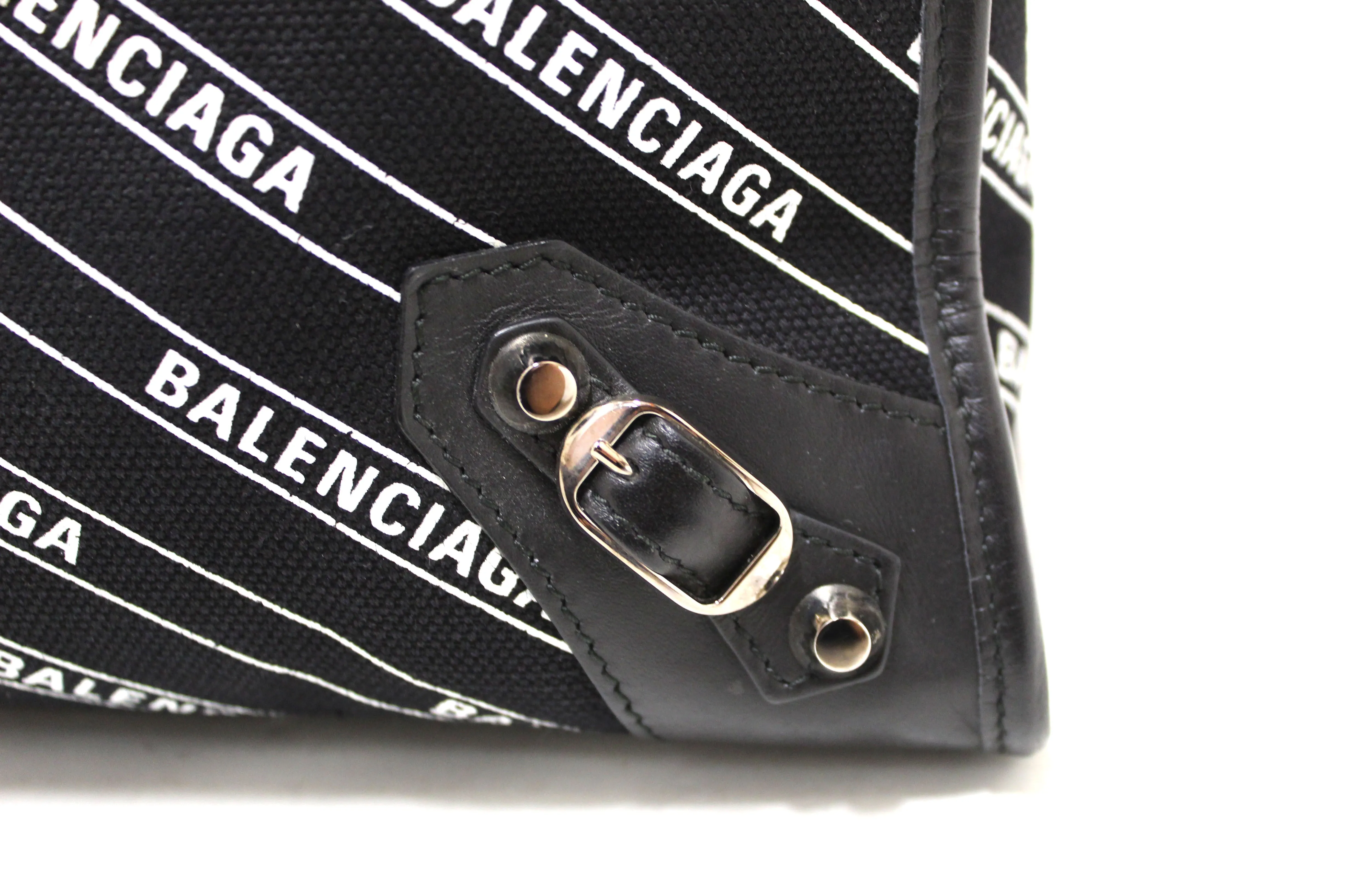 Authentic Balenciaga Black Leather and Logo Fabric S City Bag