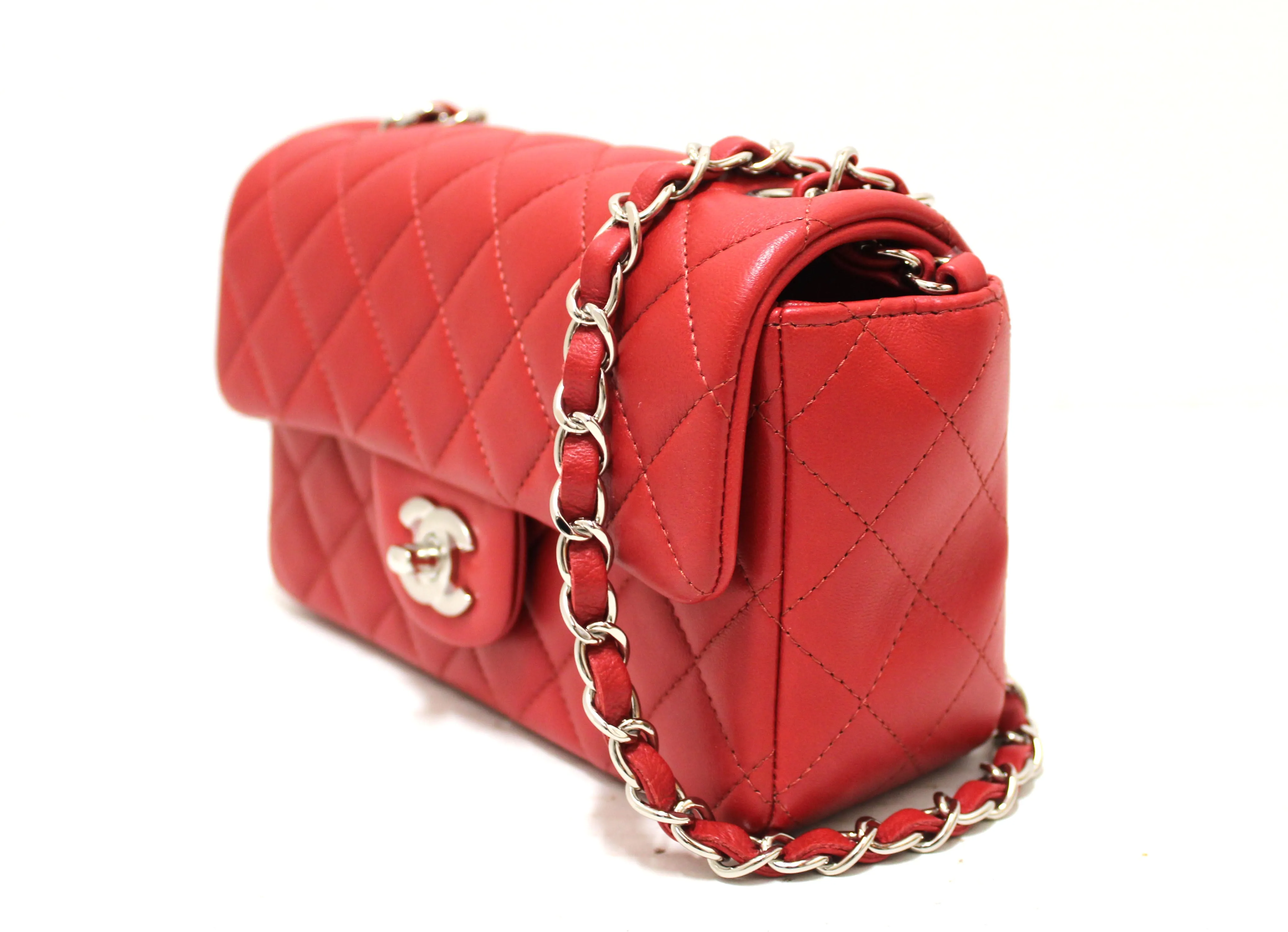 Authentic Chanel Red Classic Mini Flap Lambskin Leather Crossbody Bag