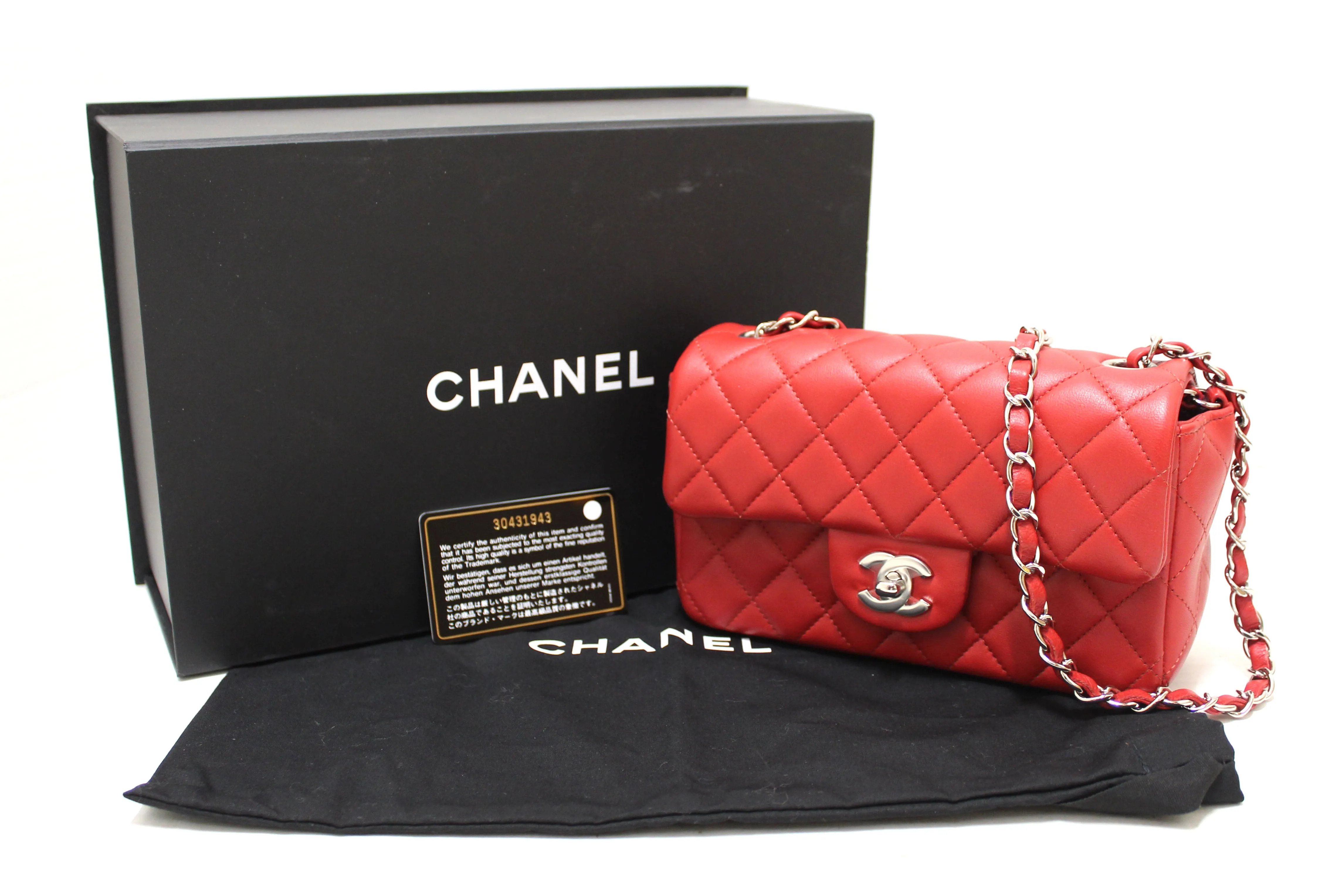 Authentic Chanel Red Classic Mini Flap Lambskin Leather Crossbody Bag