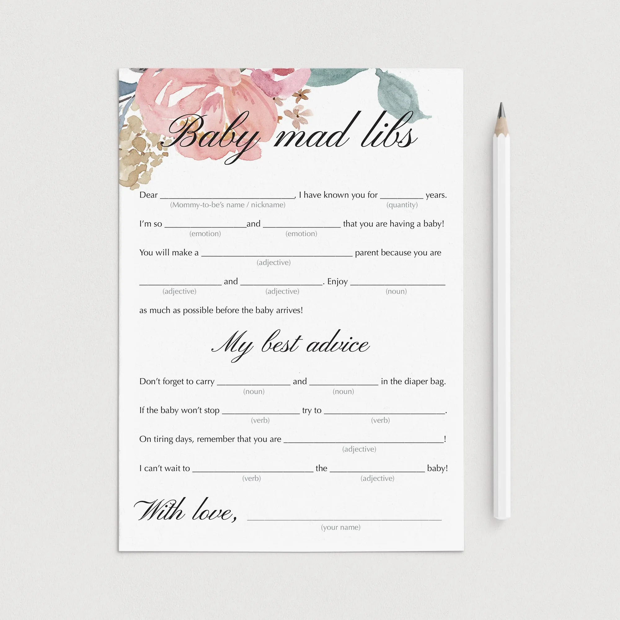 Baby Shower Mad Libs Printable Blush Floral