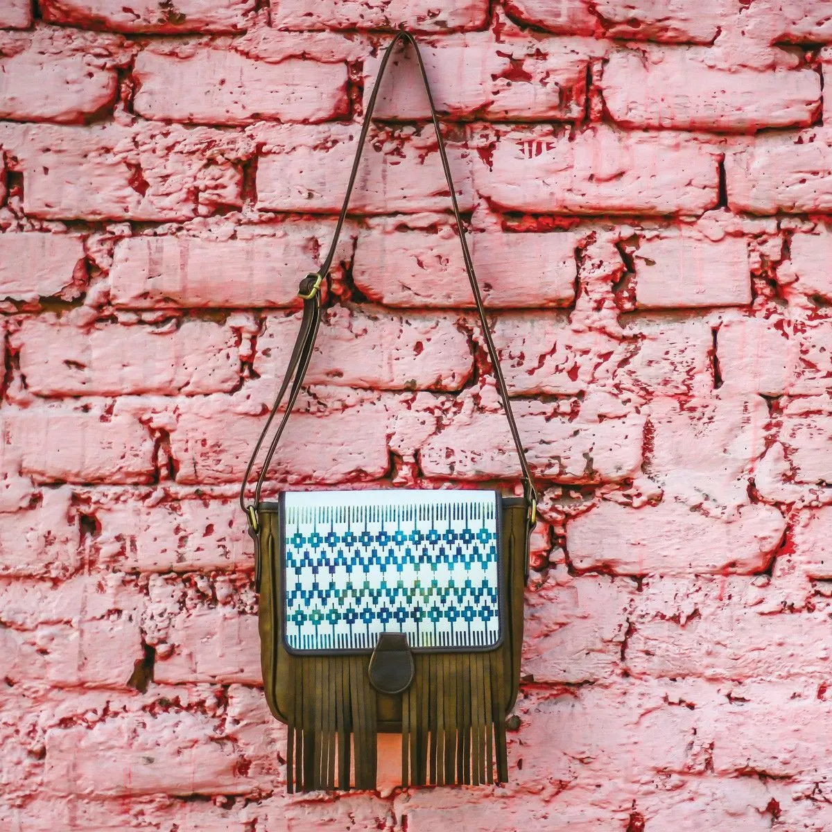 Batik Print Fringe Sling Bag (Emerald Brown)