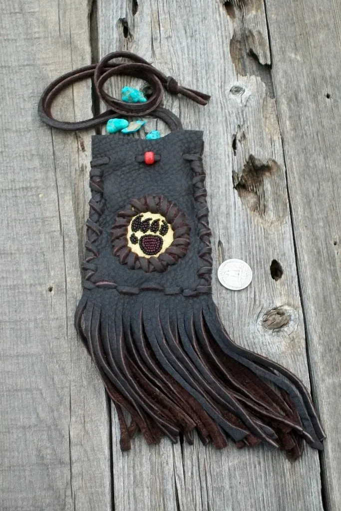 Bear paw medicine bag, fringed medicine bag