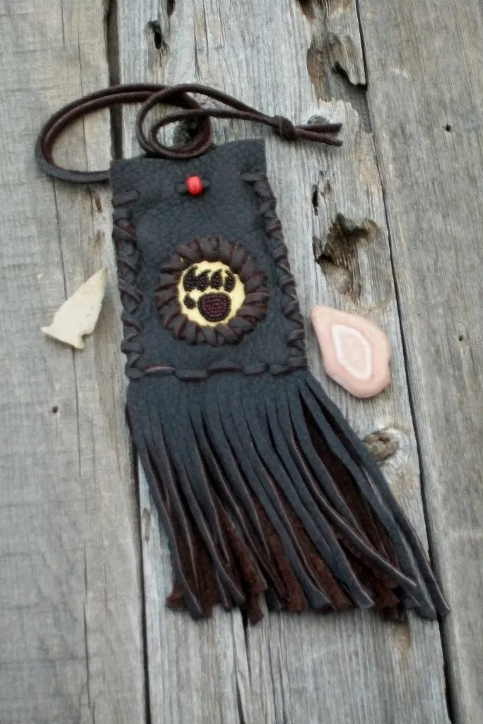 Bear paw medicine bag, fringed medicine bag