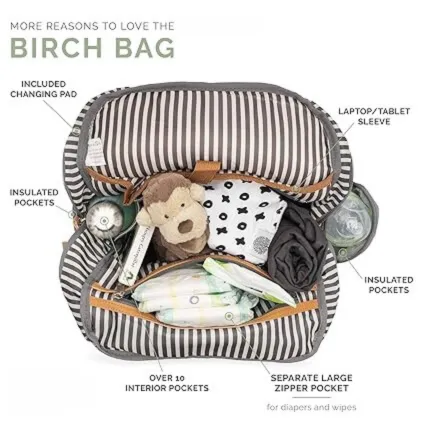 Birch Bag" Diaper Backpack – Large Capacity, Insulated Pockets, Stroller Straps, and Changing Pad