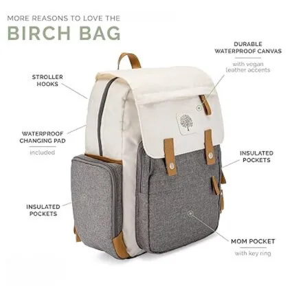 Birch Bag" Diaper Backpack – Large Capacity, Insulated Pockets, Stroller Straps, and Changing Pad