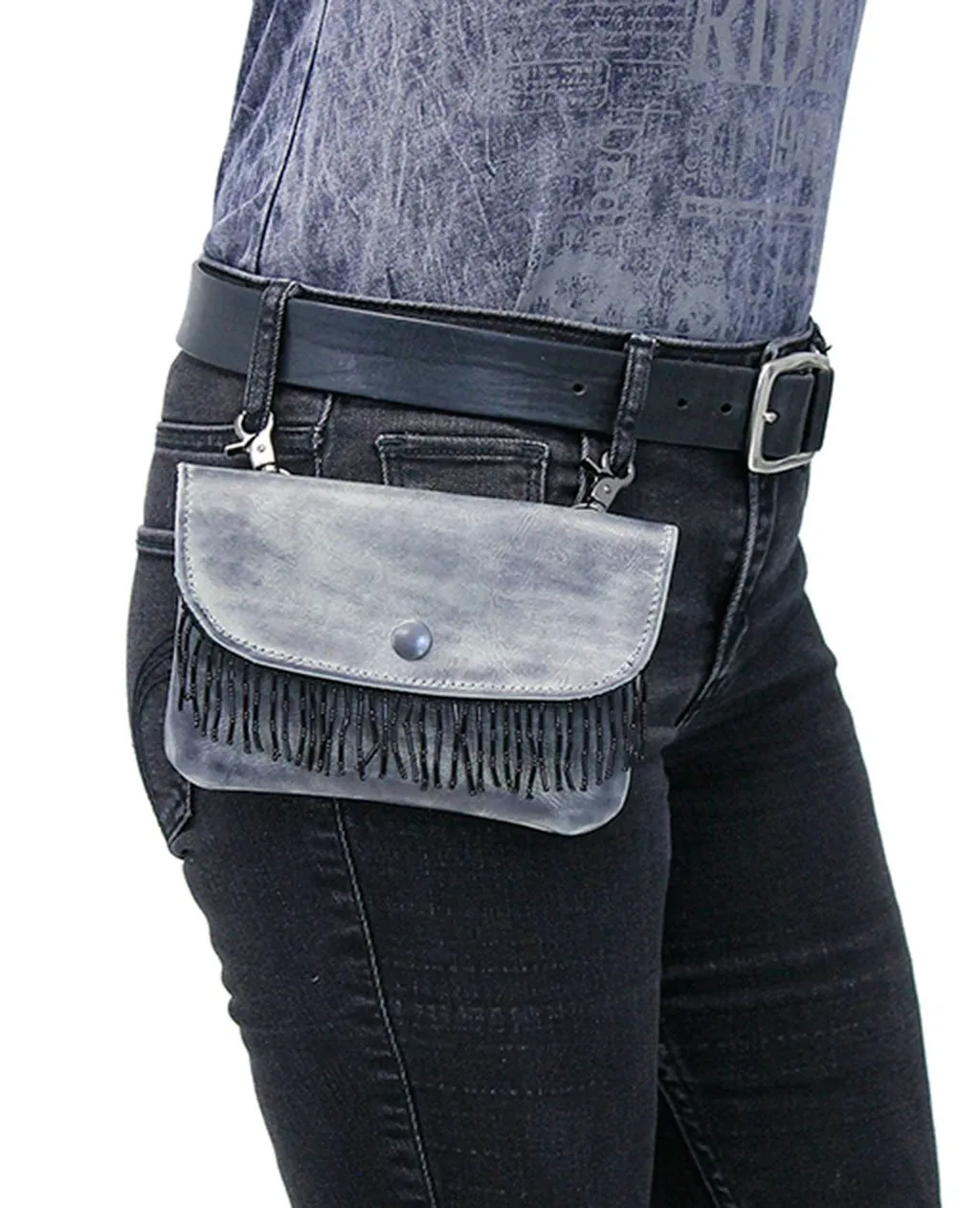 Black Bead Fringe & Antique Gray Leather Clip Pouch #PKK2303BGY