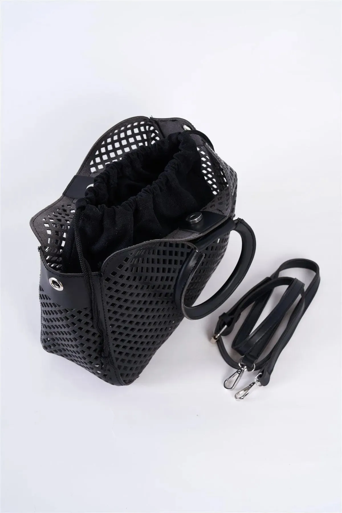 Black Cloth Double Layered Faux Leather Mesh Hidden Magnetic Snap Button Closure Crossbody Handbag / 1 Bag