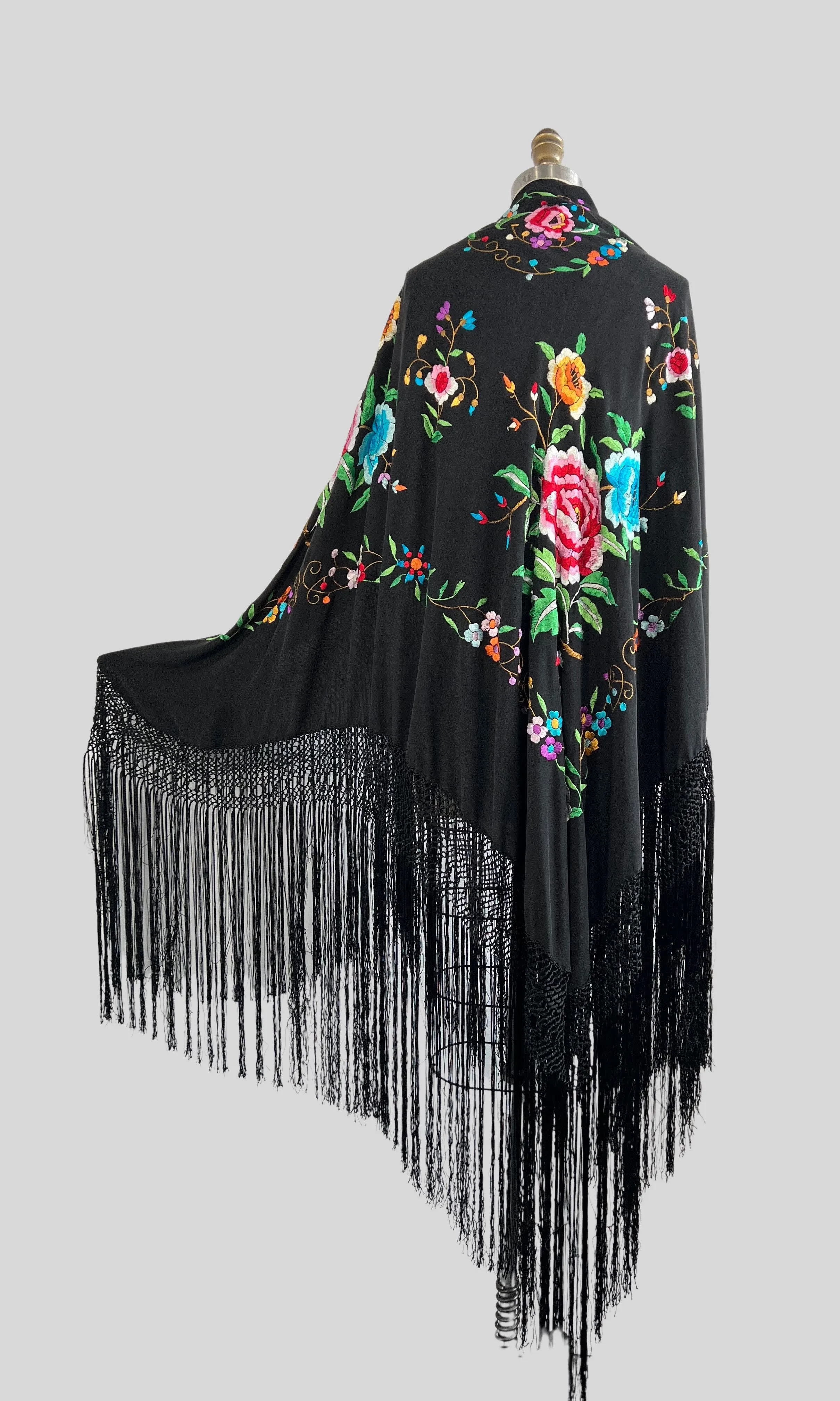 Black Floral Embroidered Fringe Piano Shawl, One Size