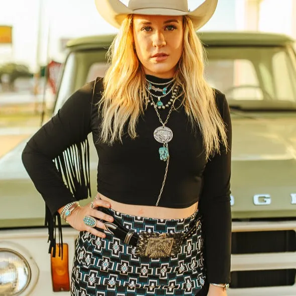 Black Satin Stretch Crop Long Sleeve Fringe Top at Bourbon Cowgirl