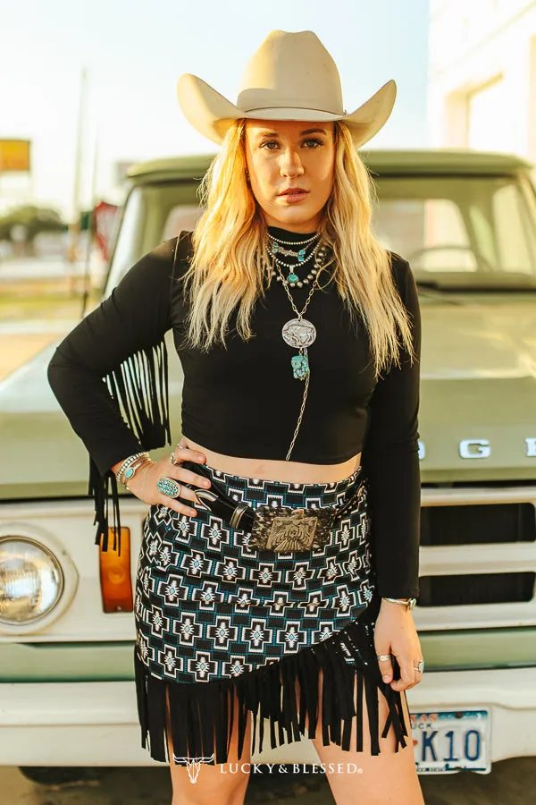 Black Satin Stretch Crop Long Sleeve Fringe Top at Bourbon Cowgirl