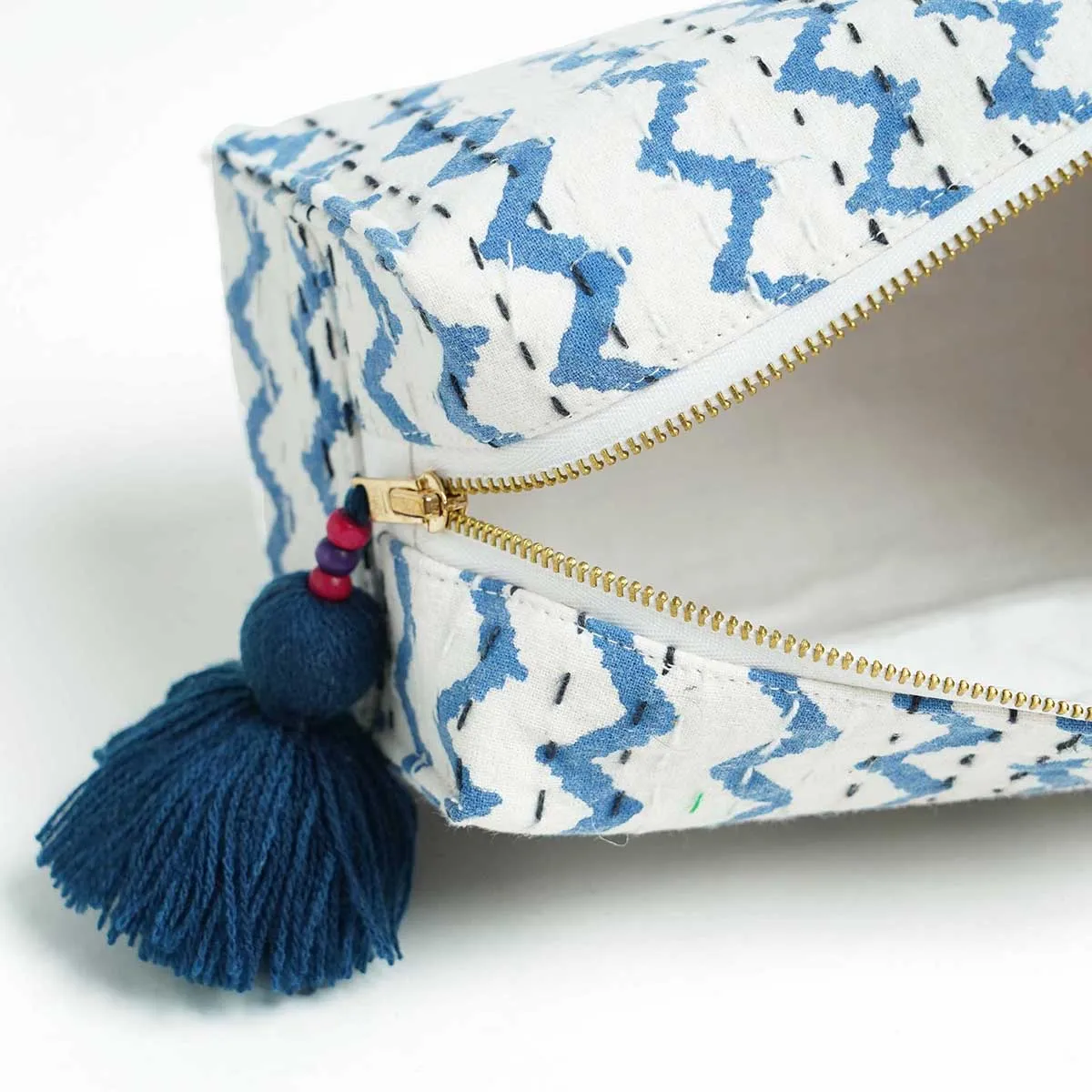 Blue Chevron print utility kantha pouch, make up /cosmetic / toiletry bag