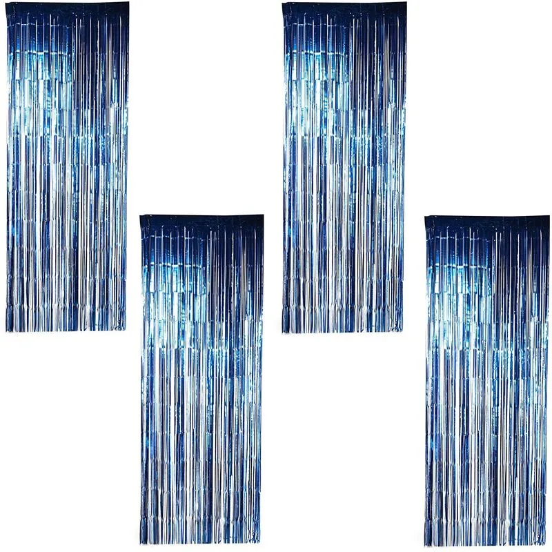 Blue Foil Fringe Curtains, Metallic Tinsel Party Decor (35 x 94 in, 4 Pack)