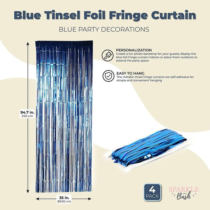 Blue Foil Fringe Curtains, Metallic Tinsel Party Decor (35 x 94 in, 4 Pack)