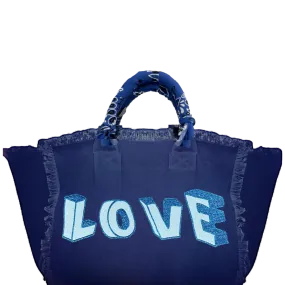 Blue Love Blocks Fringe Canvas Bag