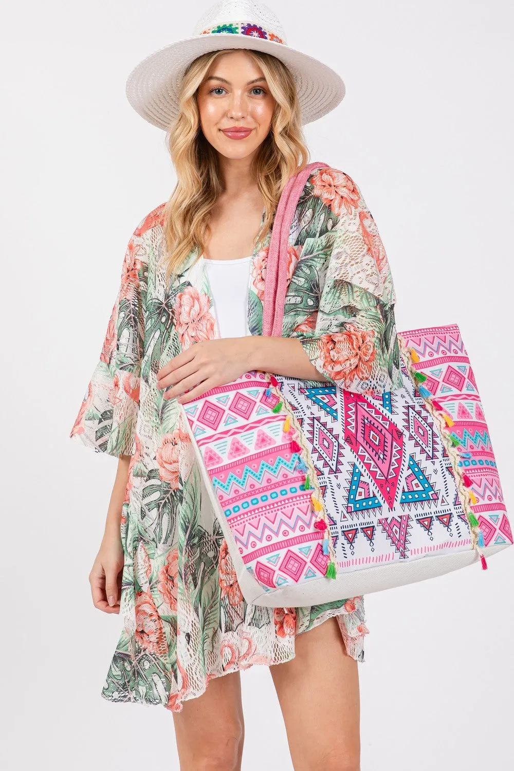 BOHO PRINT FRINGE TOTE BAG