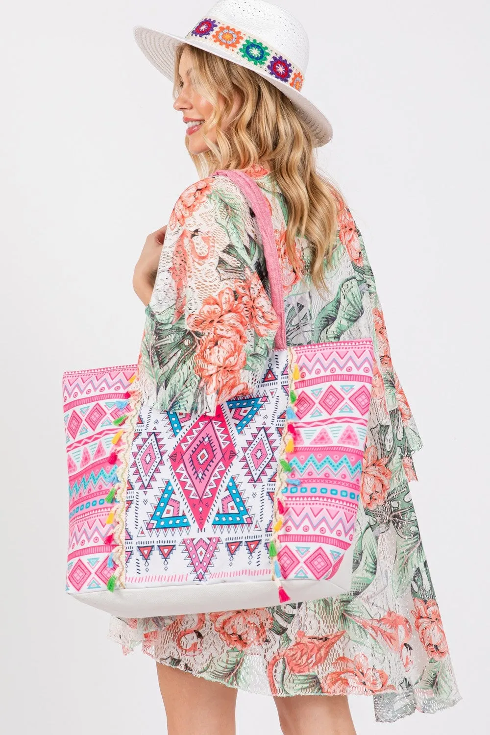 BOHO PRINT FRINGE TOTE BAG