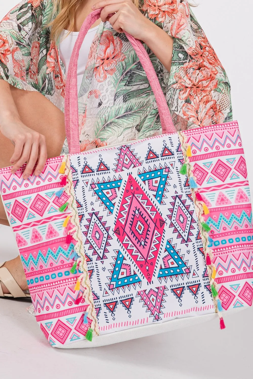 BOHO PRINT FRINGE TOTE BAG