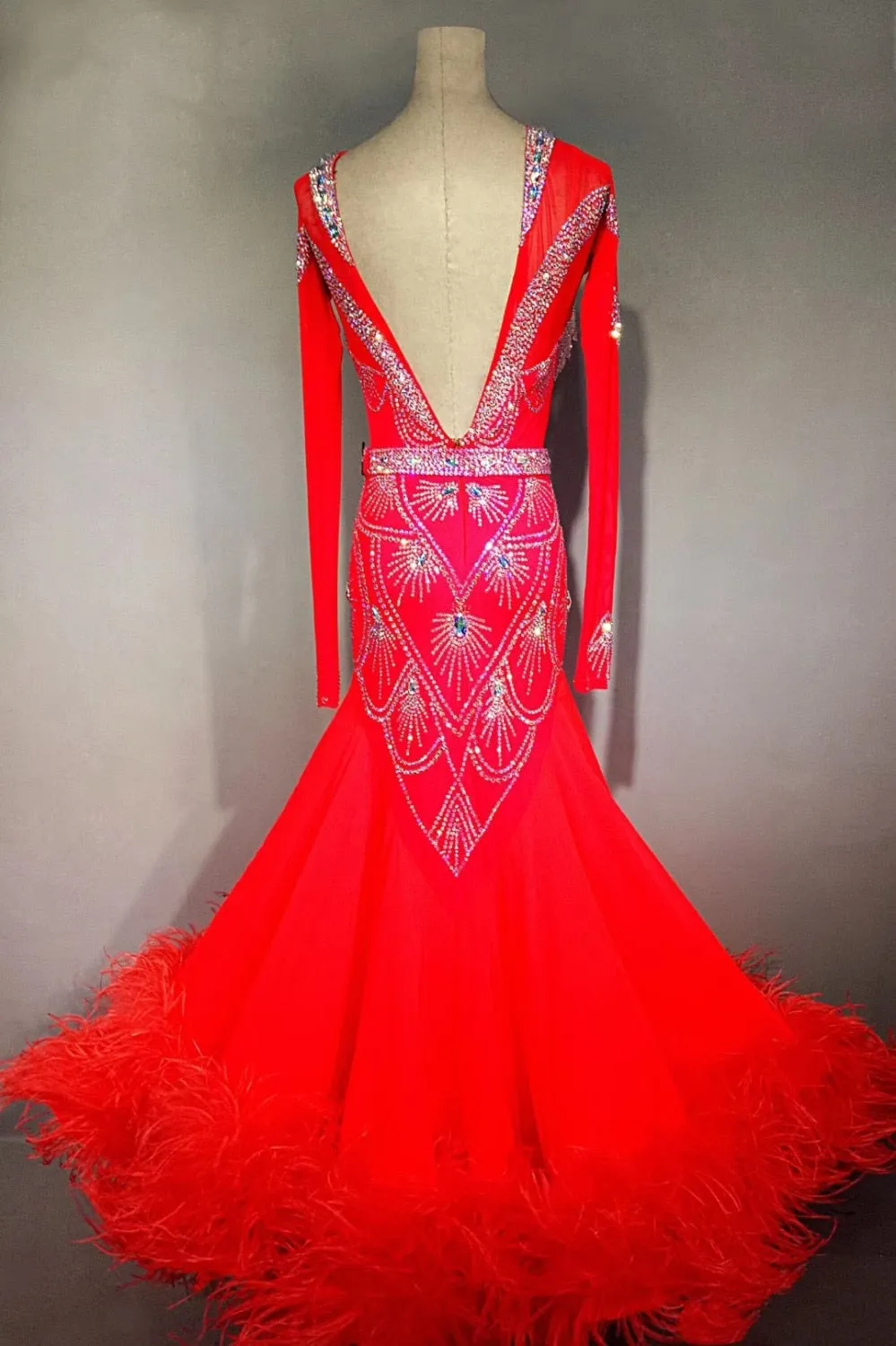 Bright Red Rhinestone & Feather International Standard Ballroom Dance Dress