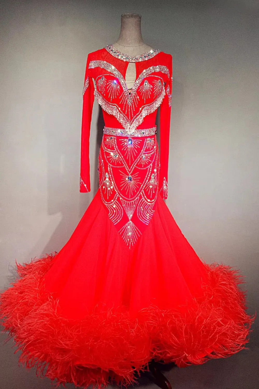 Bright Red Rhinestone & Feather International Standard Ballroom Dance Dress