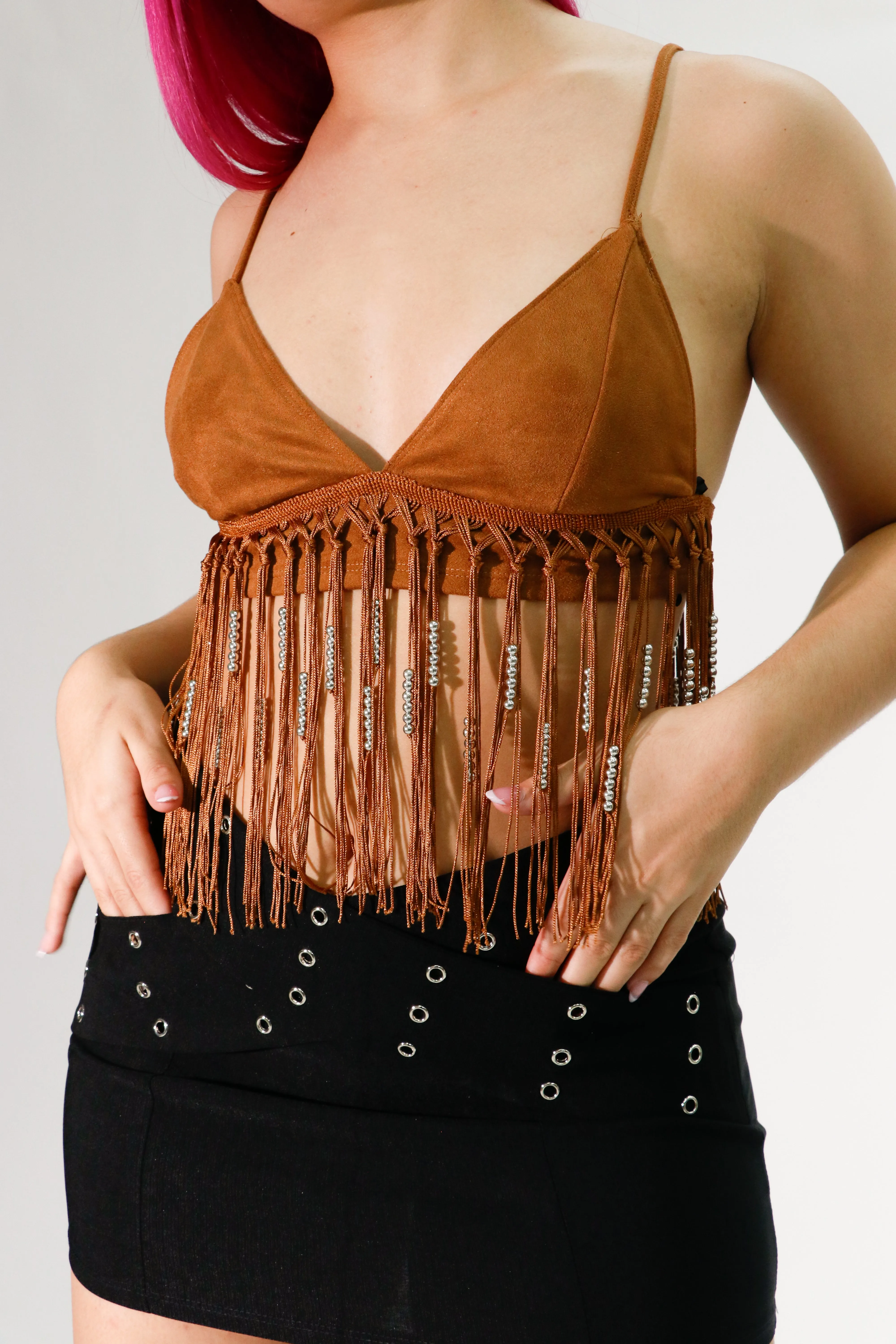 brown  fringe trim bralette top