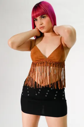 brown  fringe trim bralette top