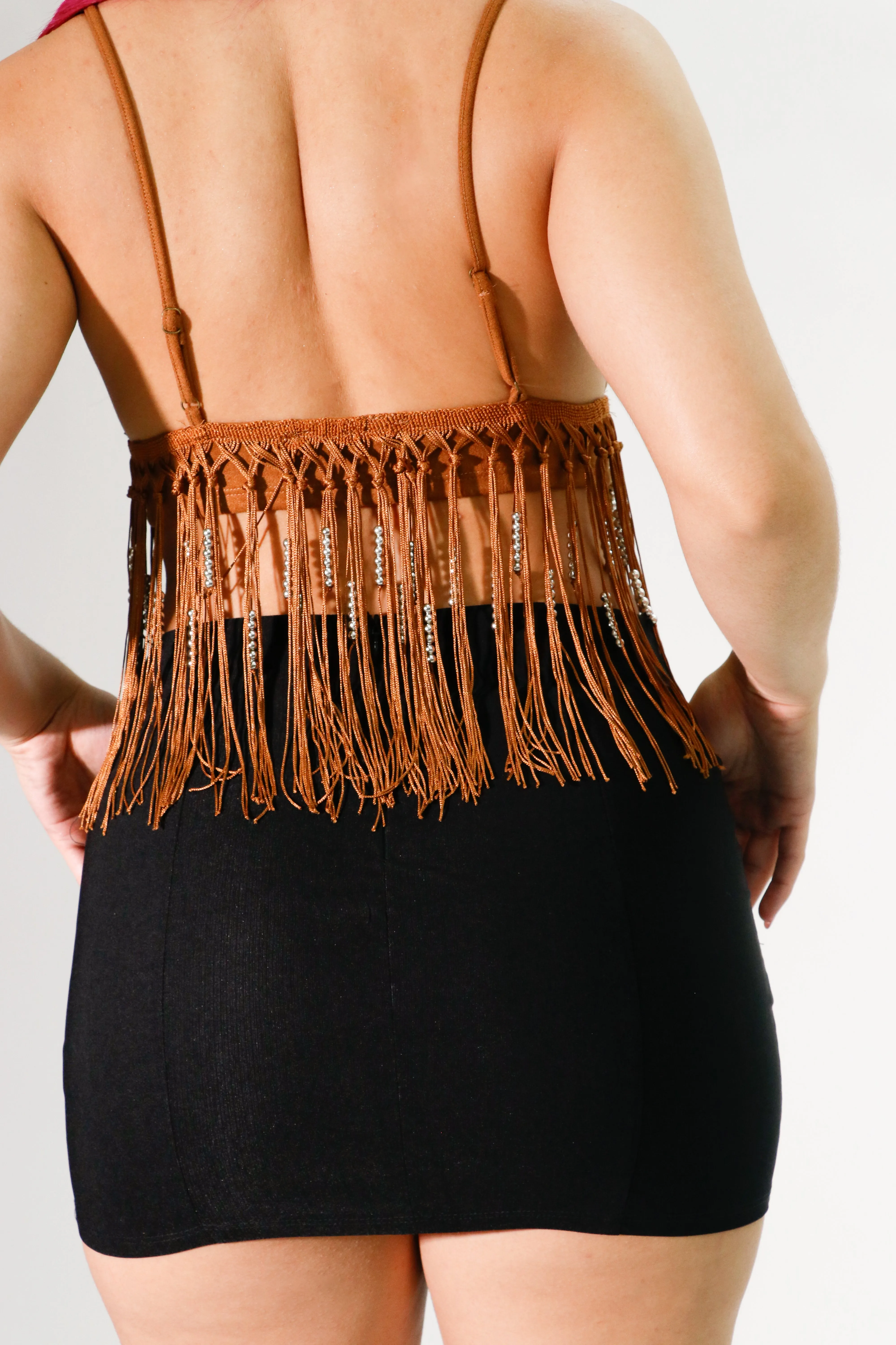 brown  fringe trim bralette top