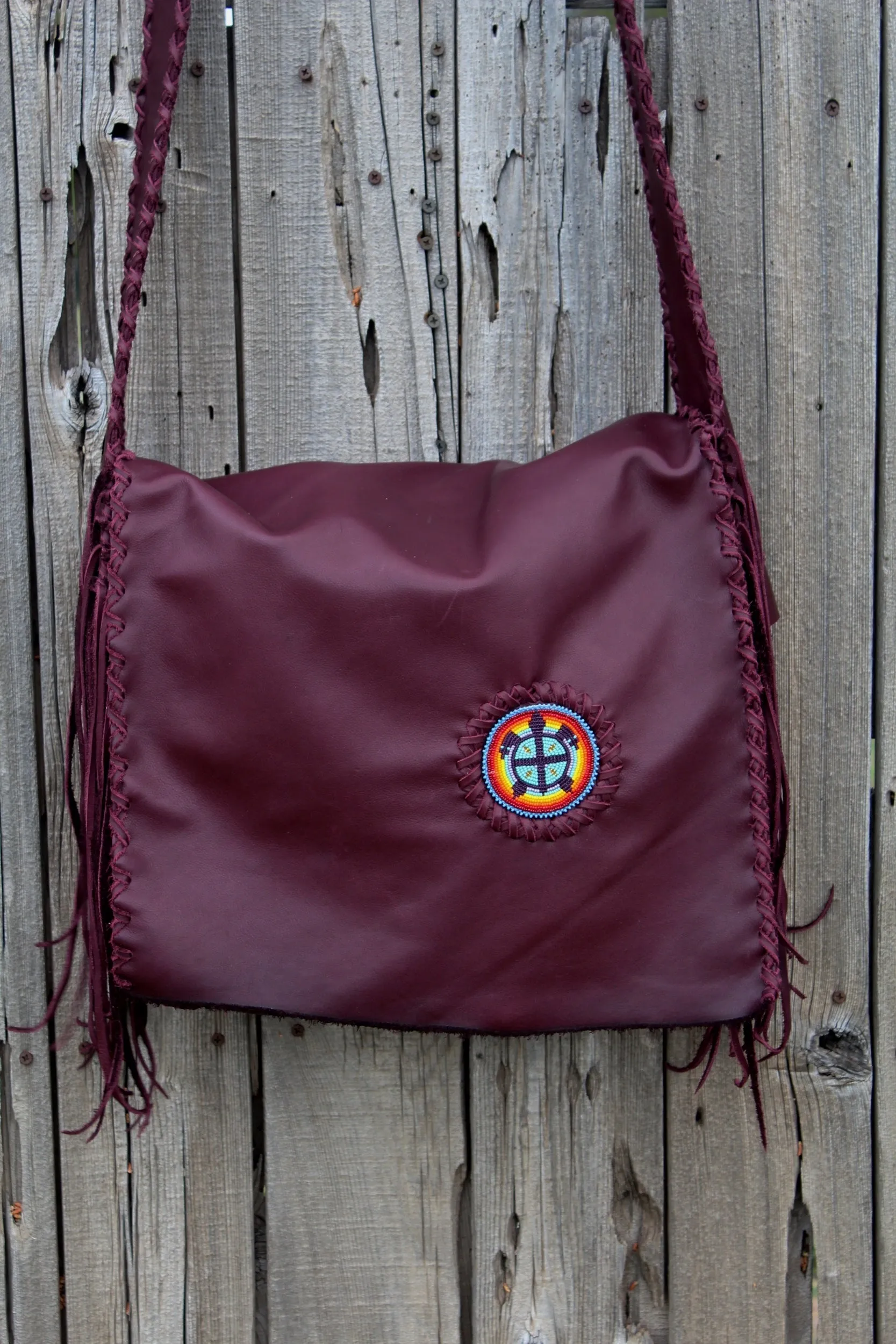 Burgundy leather messenger bag, beaded turtle handbag