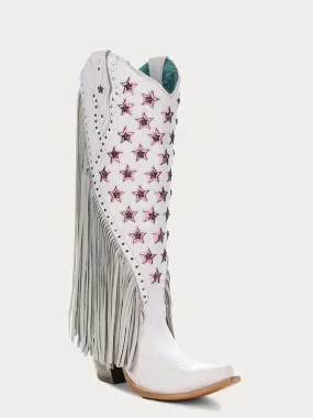 C4084 - WOMEN'S LUMINESCENT EMBROIDERY AND PINK STARS WITH LAMB FRINGE WHITE SNIP TOE COWBOY BOOT