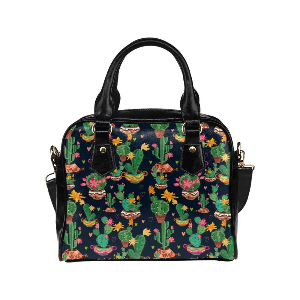 Cactus Purse, Flowers Succulent Black Cute Small Shoulder Bag High Vegan Leather Women Crossbody Designer Handbag Bag