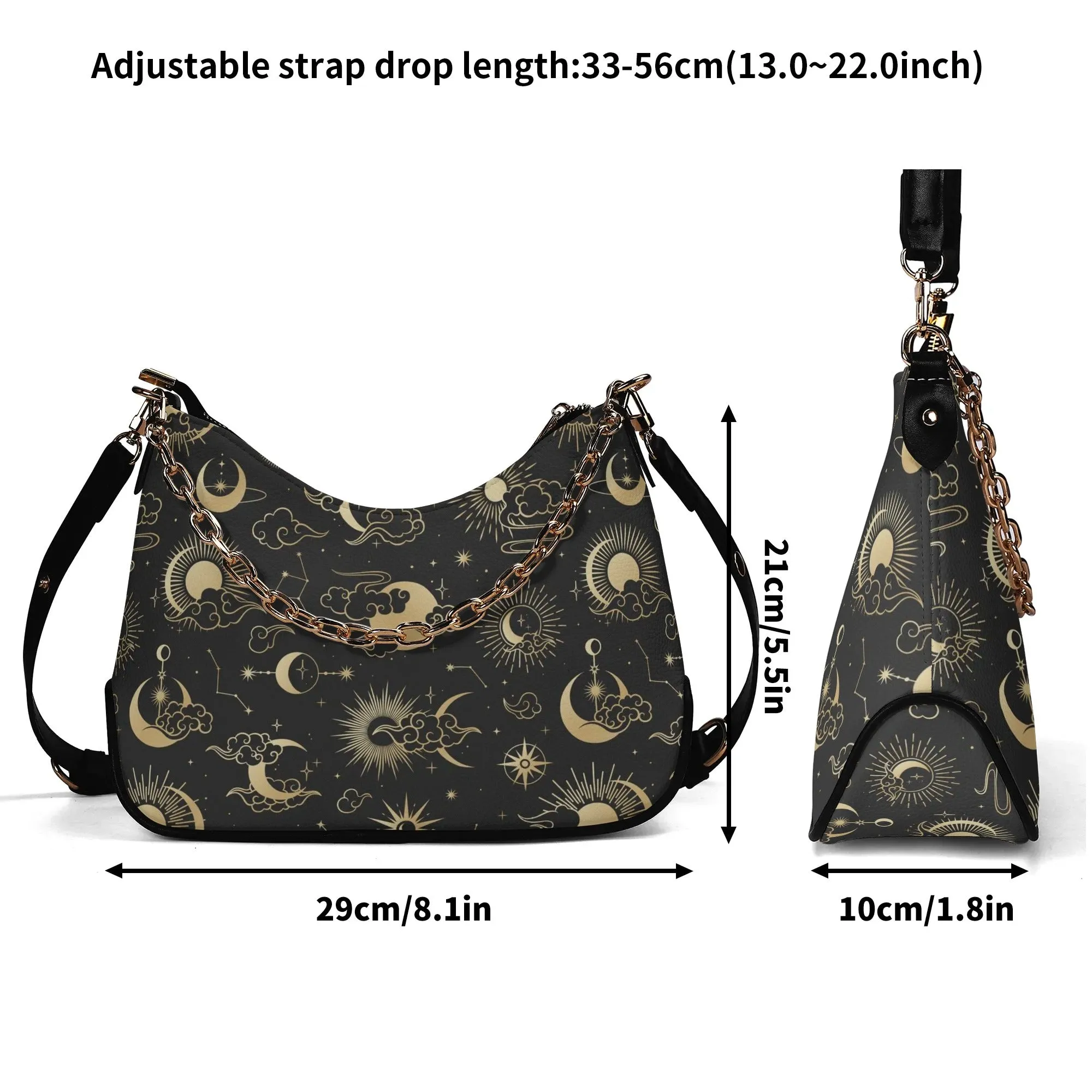 Celestial Purse Handbag Crossbody Chain, Sun Moon Space Constellation Print Vegan Leather Designer Gift Top Handle Bag with Strap Zip