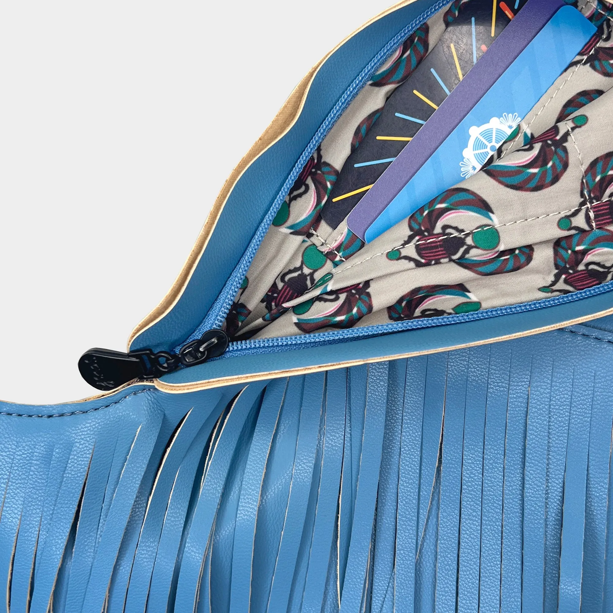 Ceramic Blue Faux Leather Fringe Sash Bag