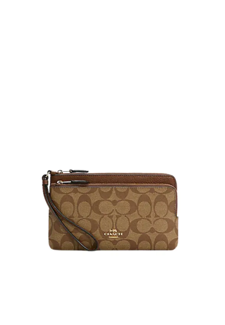 Coach Signature Double Zip C5576 Wallet In Khaki Saddle