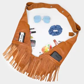 Cognac Fringe Leather Sash Bag