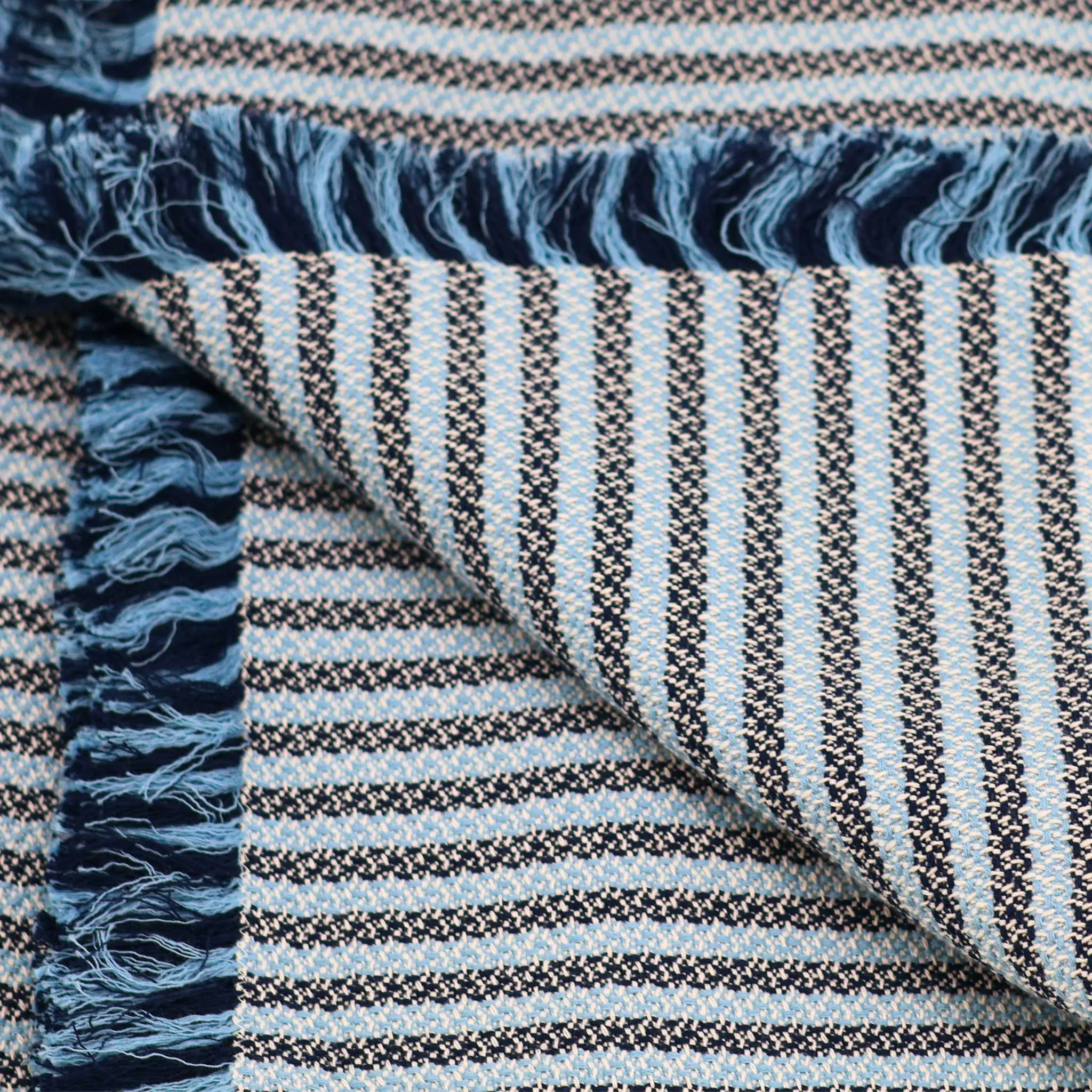 Cotton Blue Striped Throw Blanket 55" X 72"  1.5" Fringe