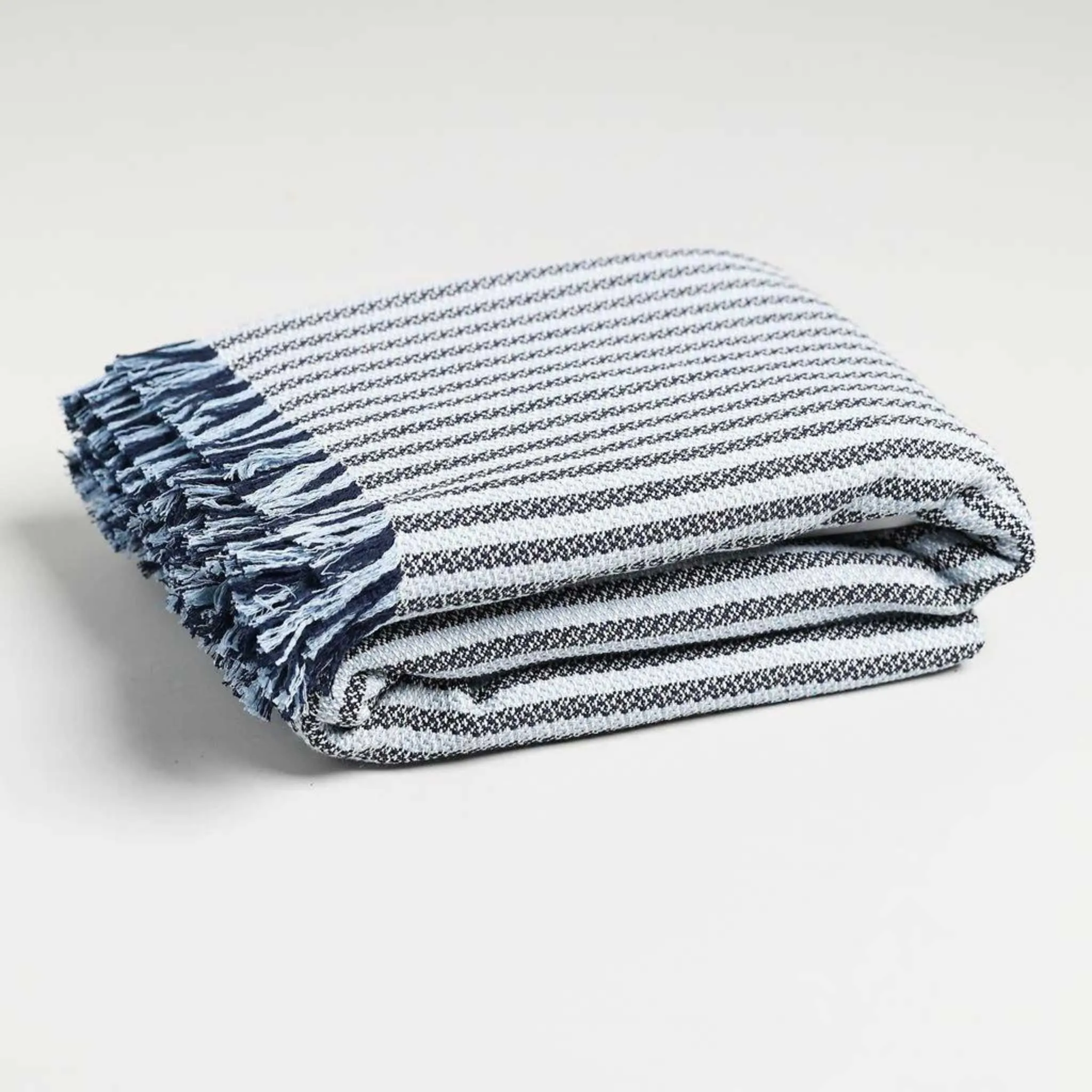 Cotton Blue Striped Throw Blanket 55" X 72"  1.5" Fringe