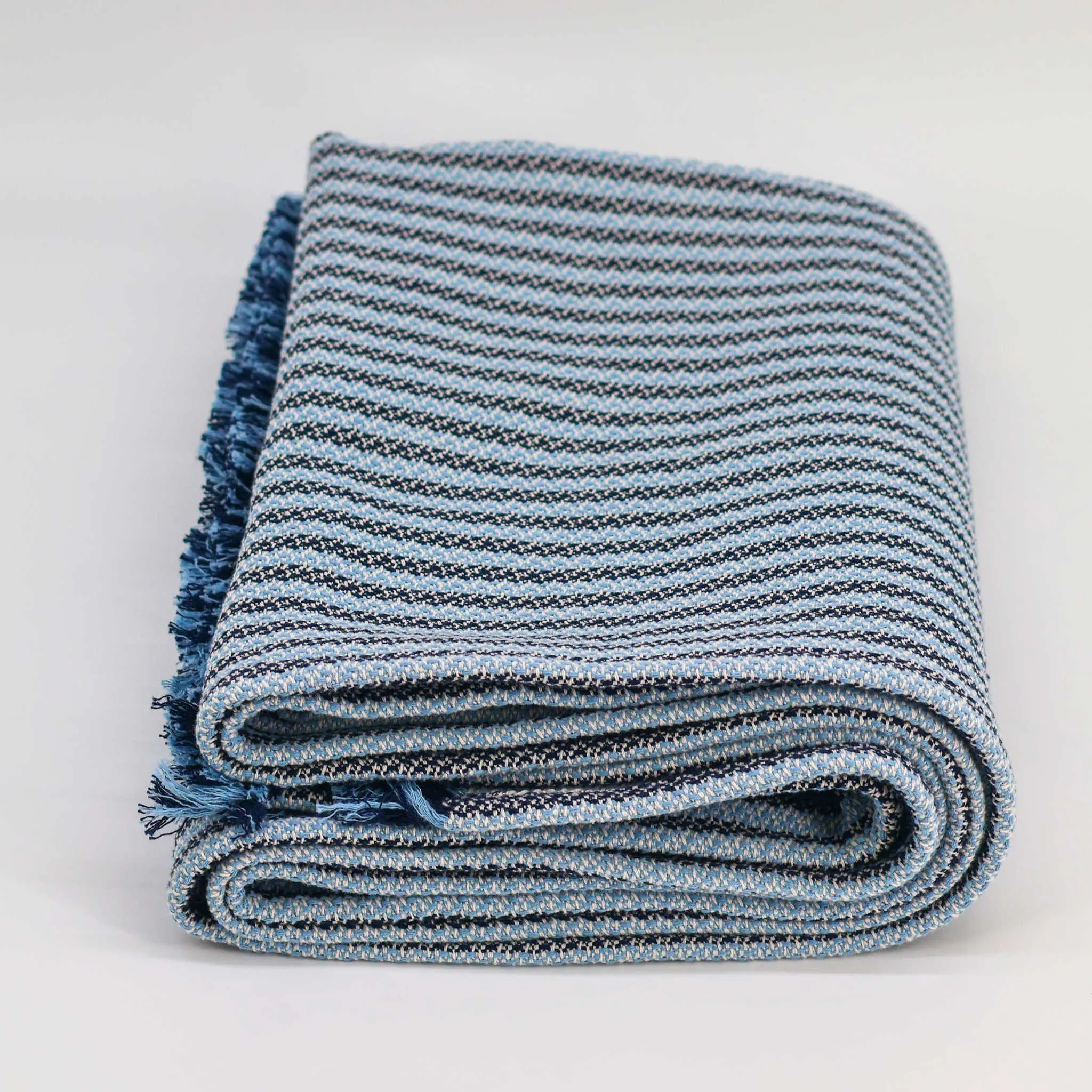 Cotton Blue Striped Throw Blanket 55" X 72"  1.5" Fringe