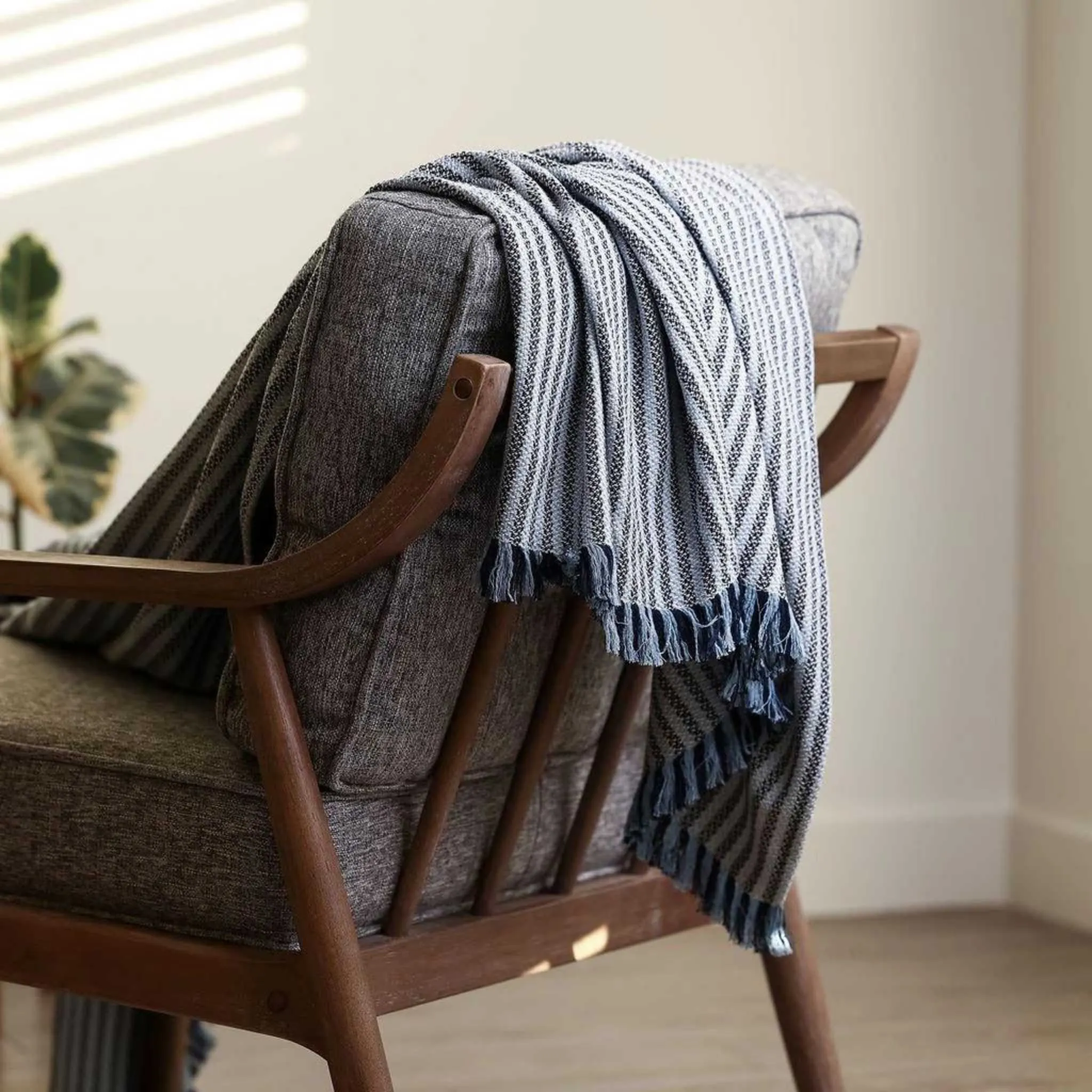 Cotton Blue Striped Throw Blanket 55" X 72"  1.5" Fringe