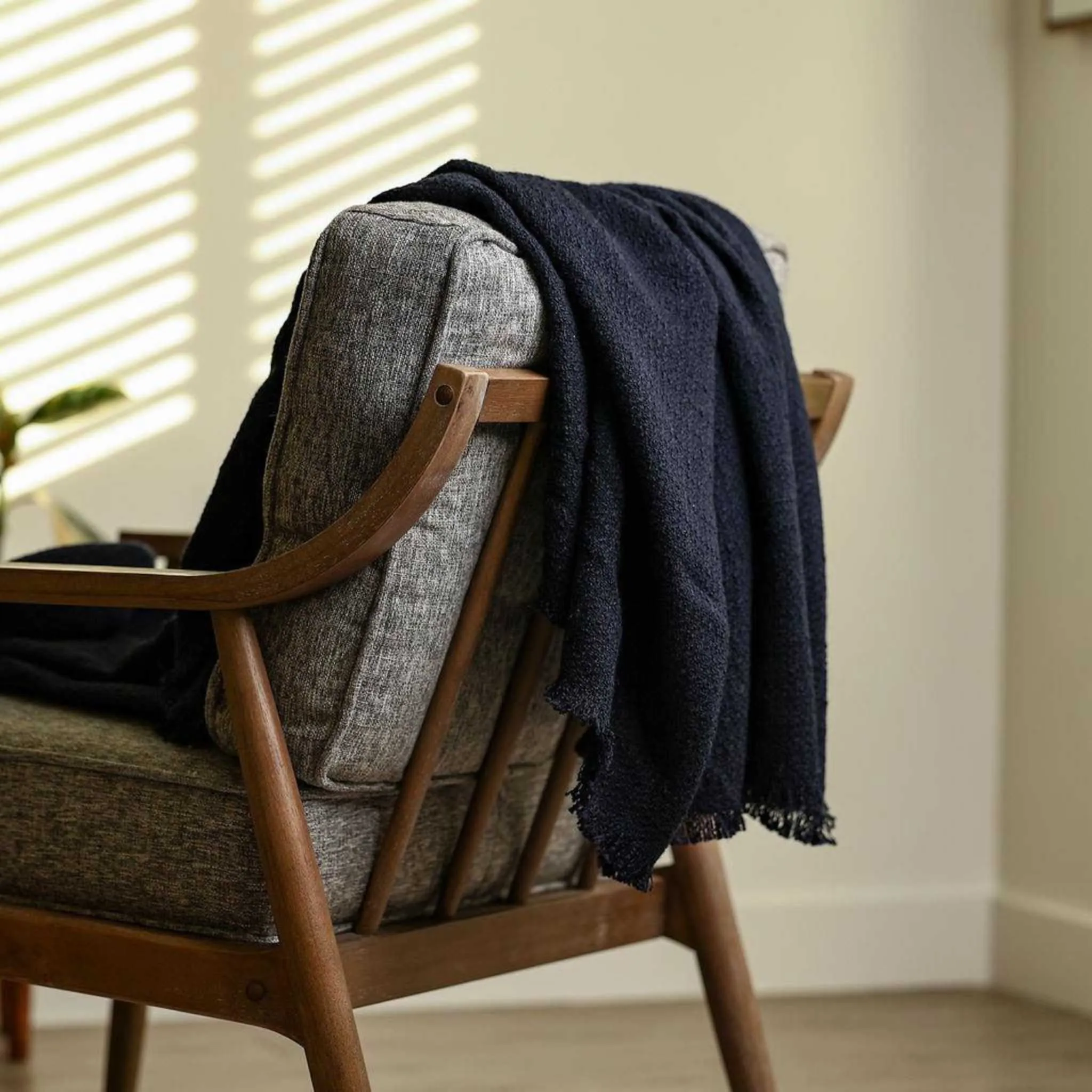 Dark Navy Woolen Tweed Throw Blanket 57" x 70"  1" Fringe