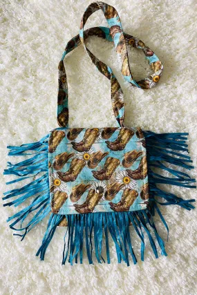 DLH2561 Boots & Hats prints girls purse bag with blue fringe