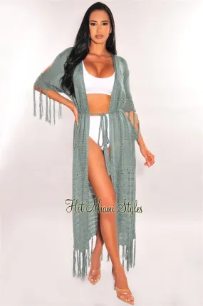 Dusty Sage Crochet Fringe Belted Maxi Cover Up