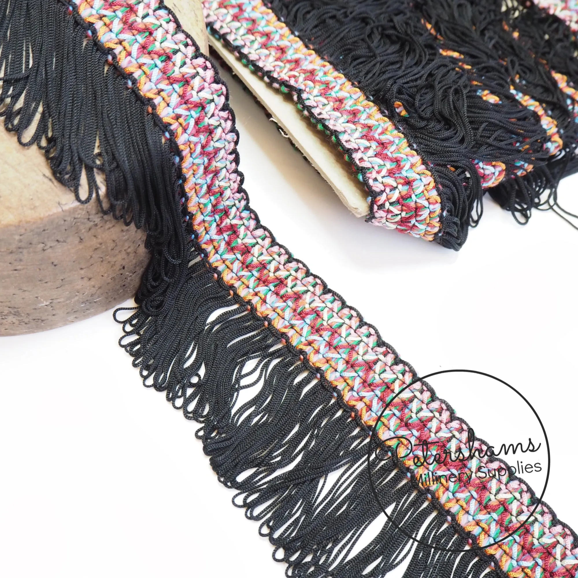 Embroidered Folk Ribbon with Black Fringe - 1m