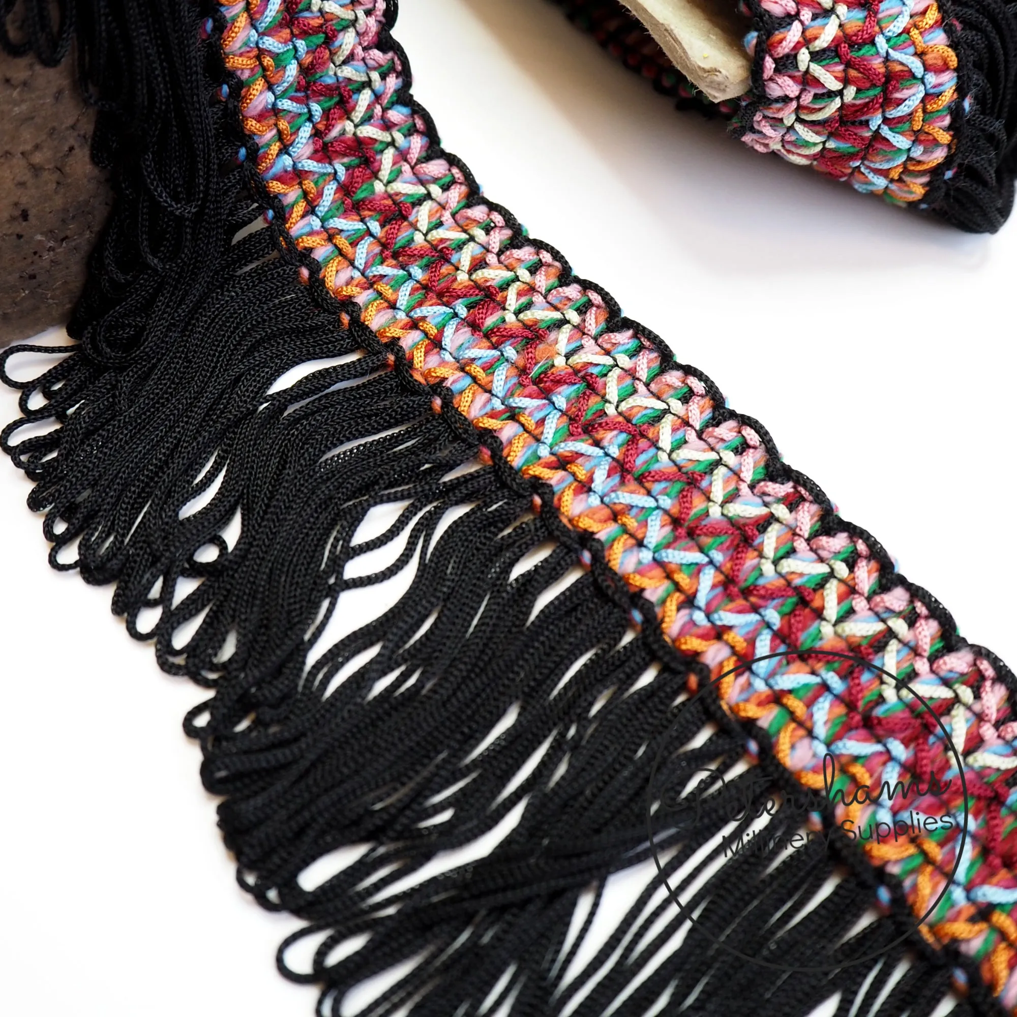 Embroidered Folk Ribbon with Black Fringe - 1m