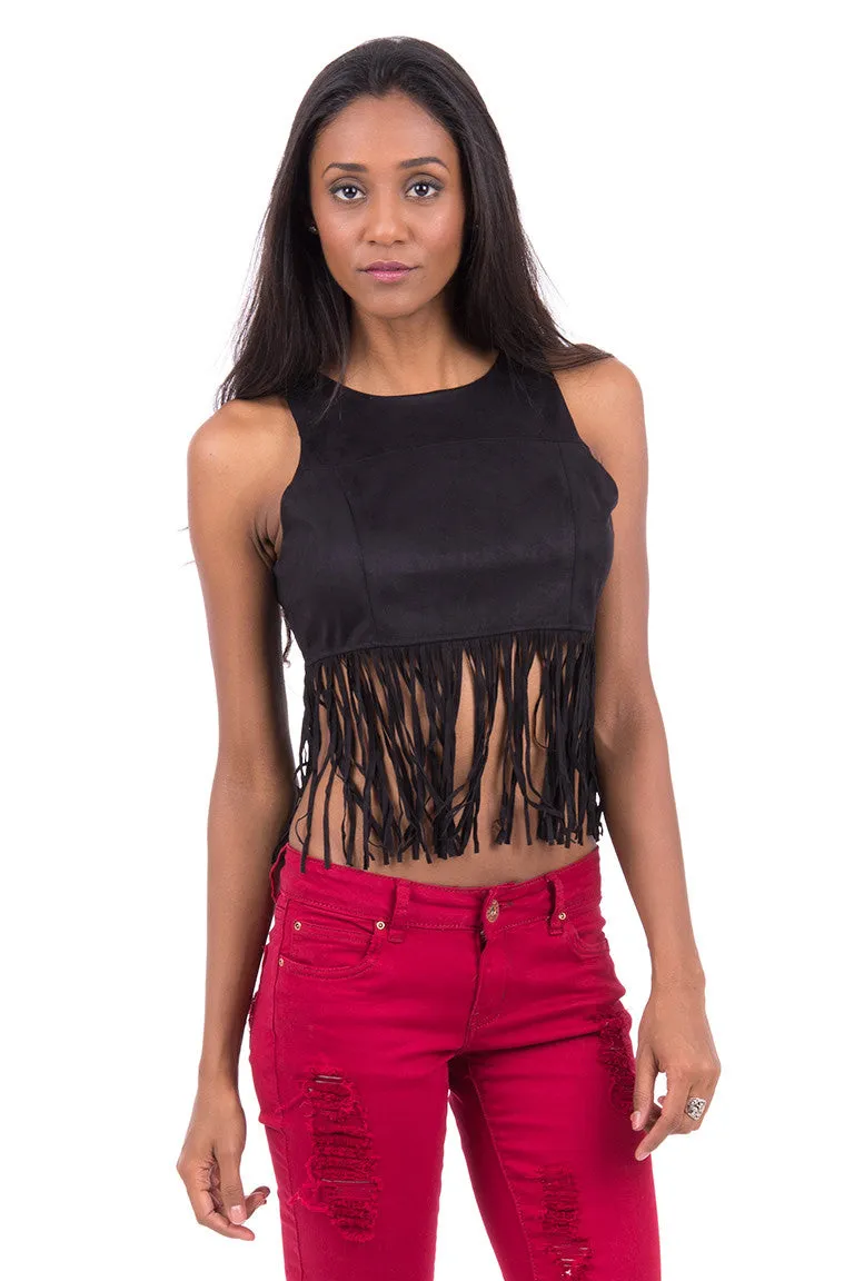 Faux Suede Crop Top With Fringe